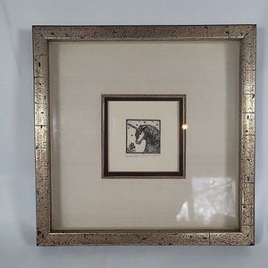 Rare Etching Unicorn & Rose 1976 Alice V. Scott Framed & Matted 12" x 12" 50/100